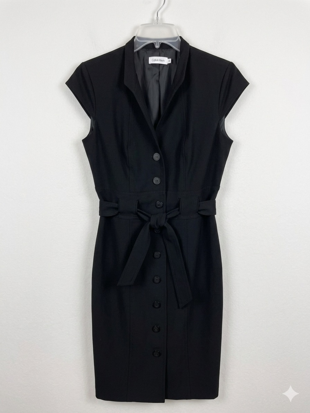 Calvin Klein Black Cap-Sleeve Button-Front Sheath with Tie Belt